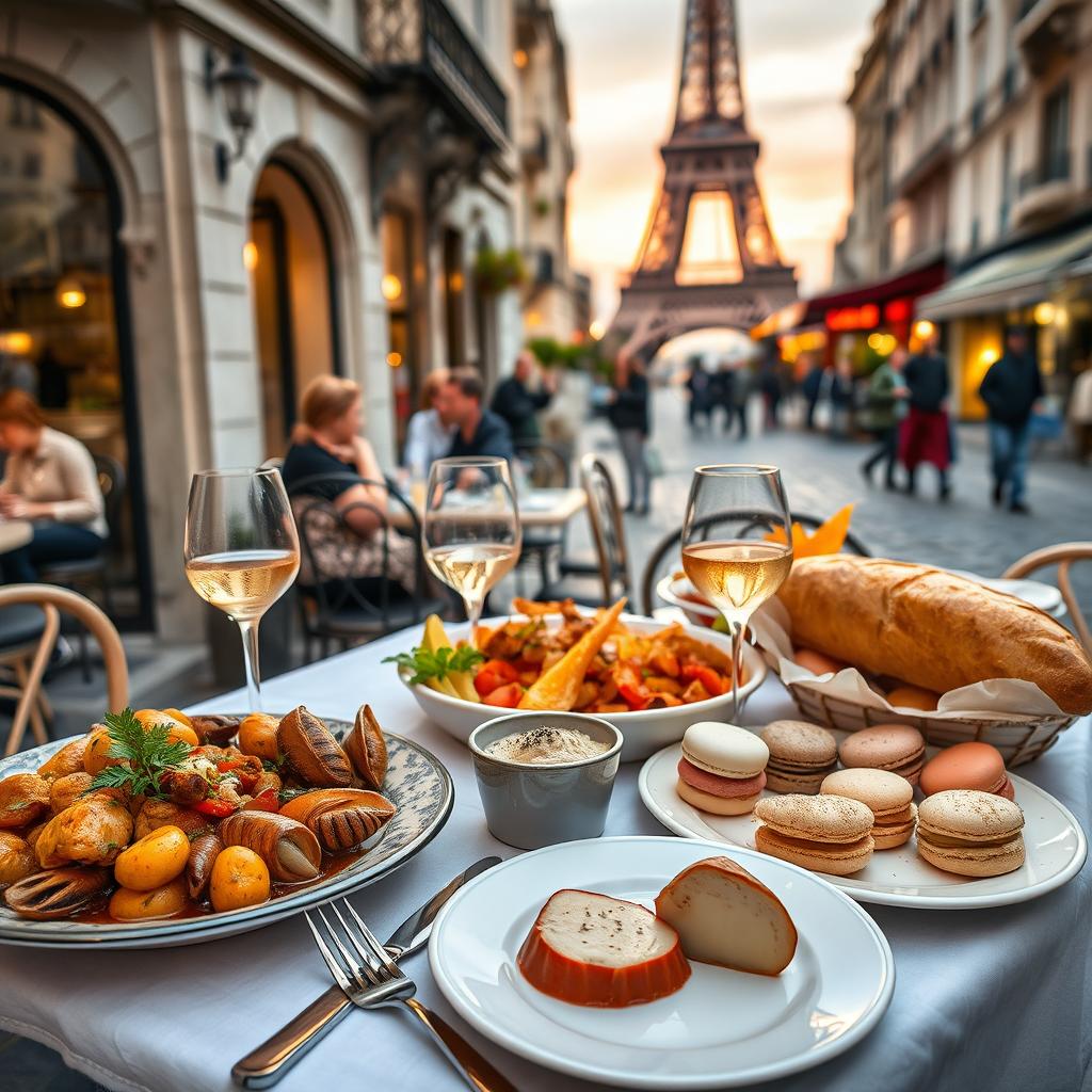 A vibrant and enticing gastronomic journey through Paris, showcasing an array of delicious French delicacies