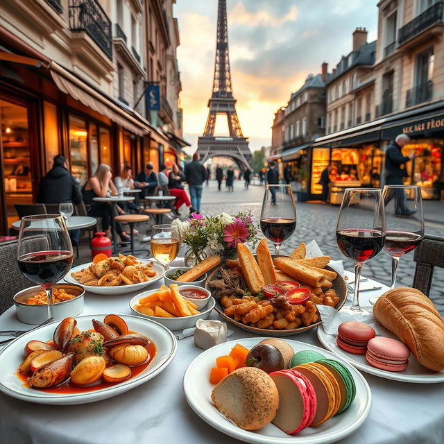 A vibrant and enticing gastronomic journey through Paris, showcasing an array of delicious French delicacies