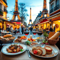 A vibrant and enticing gastronomic journey through Paris, showcasing an array of delicious French delicacies