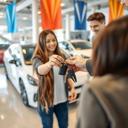 A lively scene in a car dealership where a 20-year-old girl is receiving large keys for a stylish white car from the owner