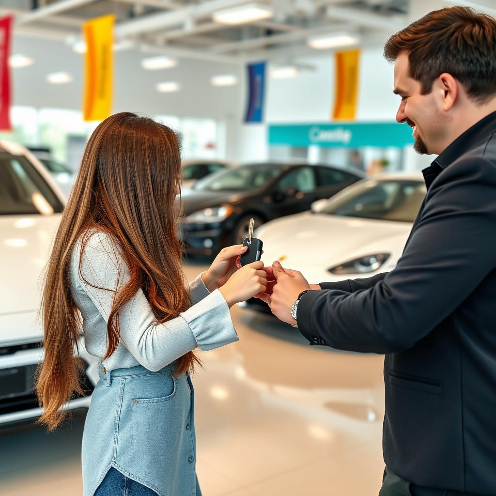 A lively scene in a car dealership where a 20-year-old girl is receiving large keys for a stylish white car from the owner