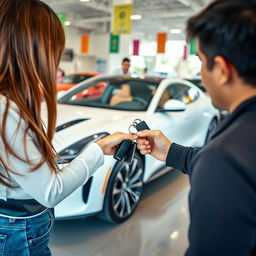 A lively scene in a car dealership where a 20-year-old girl is receiving large keys for a stylish white car from the owner