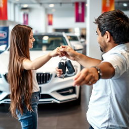 A lively scene in a car dealership where a 20-year-old girl is receiving large keys for a stylish white car from the owner