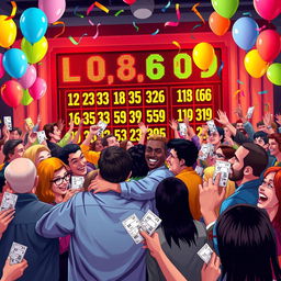 A vibrant and colorful depiction of a lottery scene, showcasing a cheerful crowd gathered around a big lottery drawing event