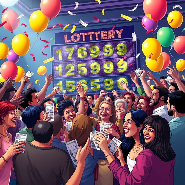 A vibrant and colorful depiction of a lottery scene, showcasing a cheerful crowd gathered around a big lottery drawing event