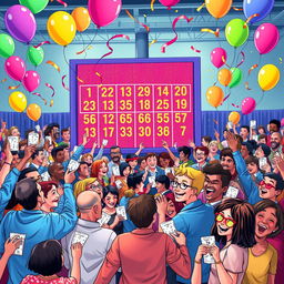 A vibrant and colorful depiction of a lottery scene, showcasing a cheerful crowd gathered around a big lottery drawing event
