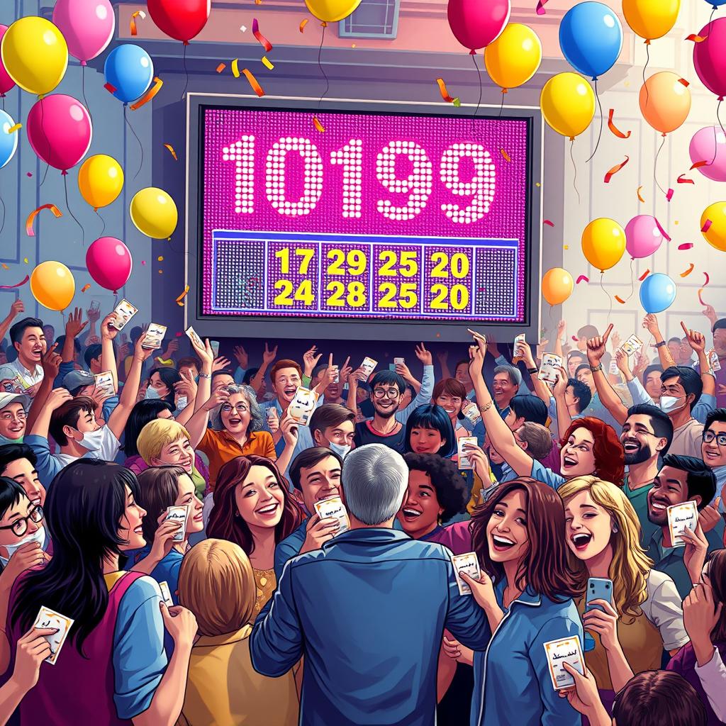 A vibrant and colorful depiction of a lottery scene, showcasing a cheerful crowd gathered around a big lottery drawing event