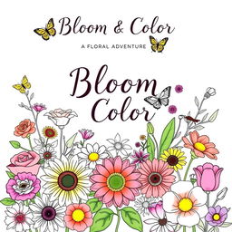 A beautiful front cover design for a flowers coloring book, featuring a variety of intricately detailed floral illustrations that include roses, sunflowers, daisies, lilies, and tulips