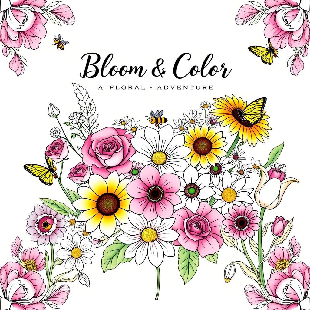 A beautiful front cover design for a flowers coloring book, featuring a variety of intricately detailed floral illustrations that include roses, sunflowers, daisies, lilies, and tulips