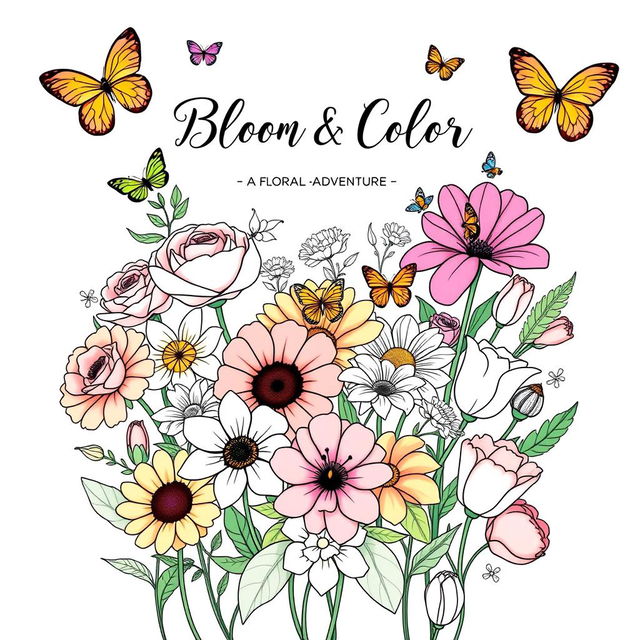 A beautiful front cover design for a flowers coloring book, featuring a variety of intricately detailed floral illustrations that include roses, sunflowers, daisies, lilies, and tulips