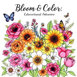 A beautiful front cover design for a flowers coloring book, featuring a variety of intricately detailed floral illustrations that include roses, sunflowers, daisies, lilies, and tulips