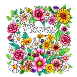 A beautifully designed coloring book cover featuring an intricate floral theme, filled with various types of flowers such as roses, daisies, and sunflowers, along with lush greenery