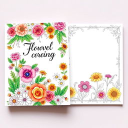 A beautifully designed coloring book cover featuring an intricate floral theme, filled with various types of flowers such as roses, daisies, and sunflowers, along with lush greenery