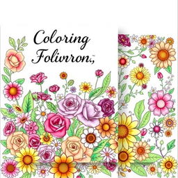 A beautifully designed coloring book cover featuring an intricate floral theme, filled with various types of flowers such as roses, daisies, and sunflowers, along with lush greenery