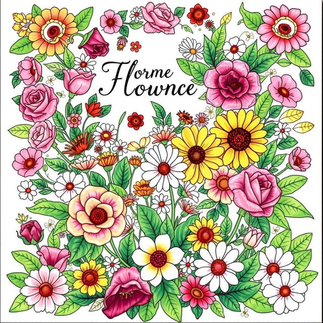 A beautifully designed coloring book cover featuring an intricate floral theme, filled with various types of flowers such as roses, daisies, and sunflowers, along with lush greenery