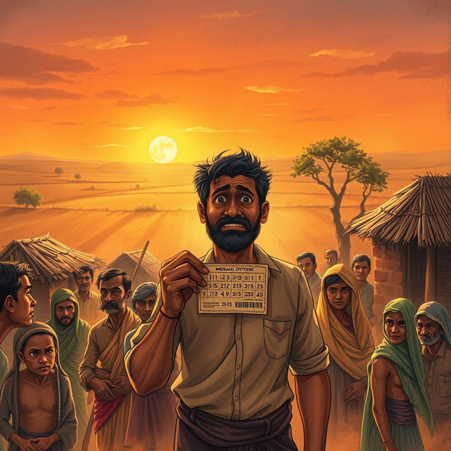 An evocative illustration inspired by the themes of Premchand's story about lottery, featuring a rural Indian setting