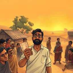 An evocative illustration inspired by the themes of Premchand's story about lottery, featuring a rural Indian setting