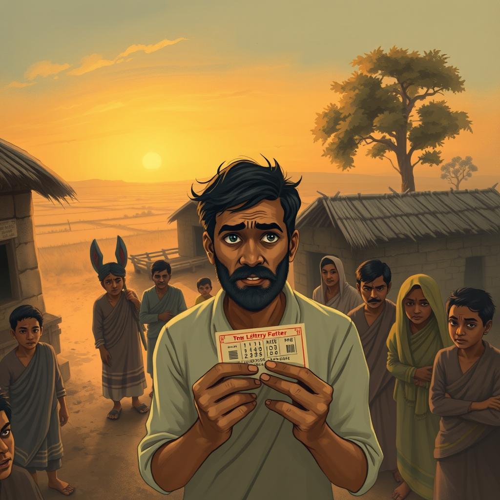 An evocative illustration inspired by the themes of Premchand's story about lottery, featuring a rural Indian setting