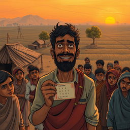 An evocative illustration inspired by the themes of Premchand's story about lottery, featuring a rural Indian setting