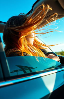 A dynamic shot of a young woman driving a car with only her long hair flowing in the wind visible from the driver's side window