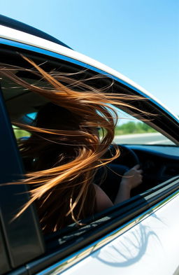 A dynamic shot of a young woman driving a car with only her long hair flowing in the wind visible from the driver's side window