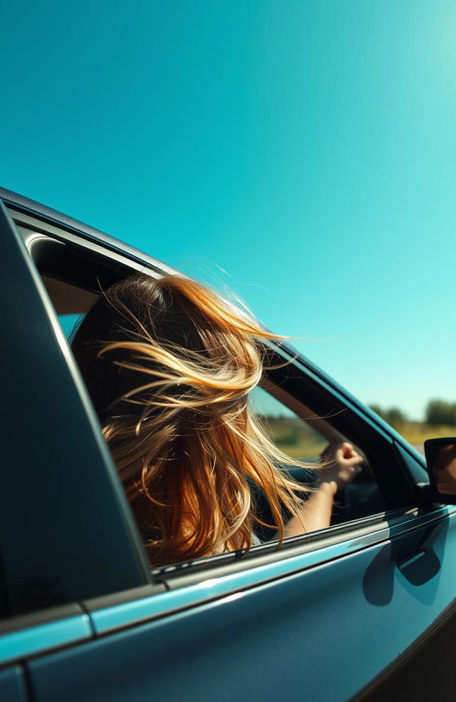 A dynamic shot of a young woman driving a car with only her long hair flowing in the wind visible from the driver's side window