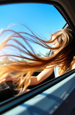 A dynamic shot of a young woman driving a car with only her long hair flowing in the wind visible from the driver's side window