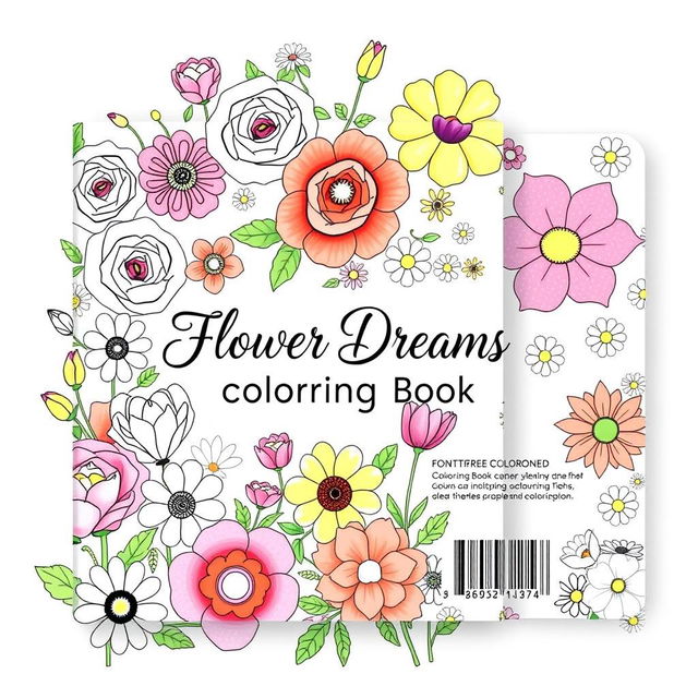 A beautifully designed front and back cover for a floral coloring book, featuring a vibrant arrangement of various flowers such as roses, tulips, and daisies, intricately illustrated with clear outlines suitable for coloring