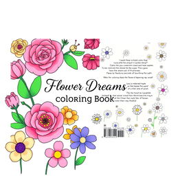 A beautifully designed front and back cover for a floral coloring book, featuring a vibrant arrangement of various flowers such as roses, tulips, and daisies, intricately illustrated with clear outlines suitable for coloring