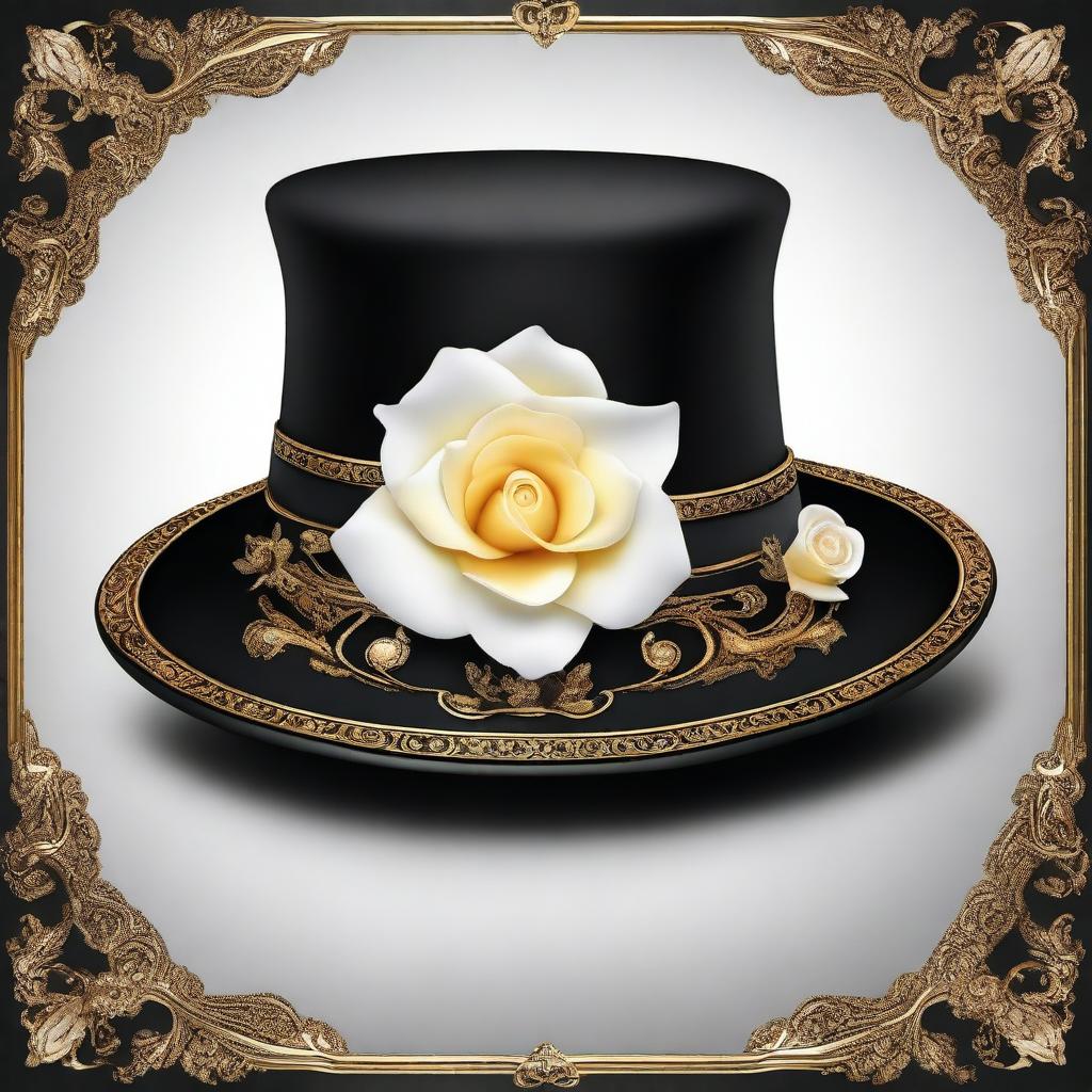 A high-resolution digital art image depicting a sophisticated homburg black hat adorned with intricate golden ornaments and a single, realistically rendered white rose