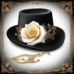 A high-resolution digital art image depicting a sophisticated homburg black hat adorned with intricate golden ornaments and a single, realistically rendered white rose