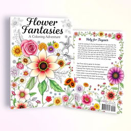 A beautiful and vibrant coloring book cover design featuring a variety of flowers such as roses, daisies, sunflowers, and lilies, arranged artistically on the front and back covers