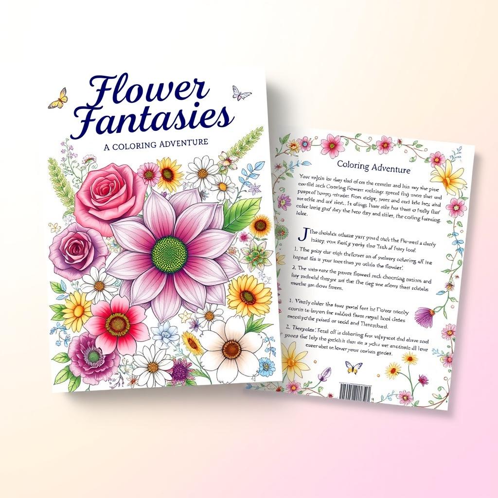 A beautiful and vibrant coloring book cover design featuring a variety of flowers such as roses, daisies, sunflowers, and lilies, arranged artistically on the front and back covers