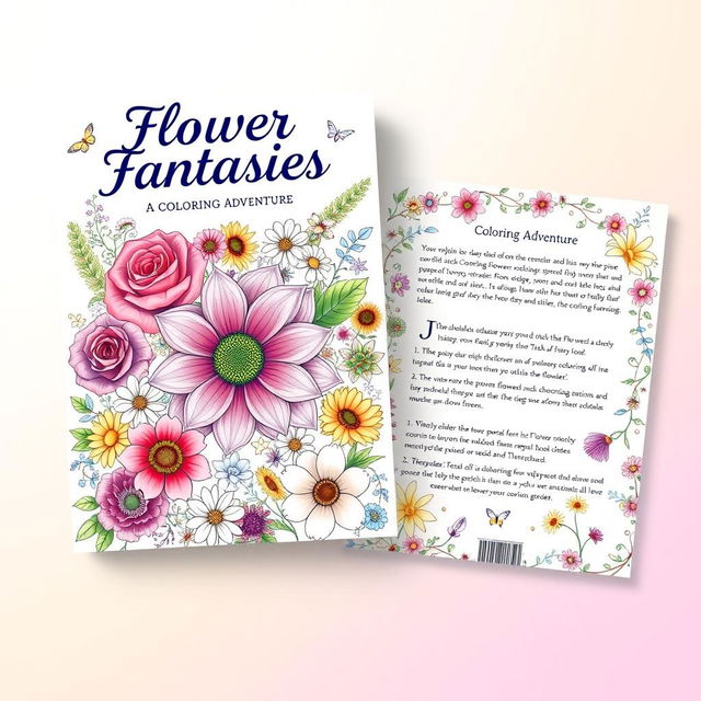 A beautiful and vibrant coloring book cover design featuring a variety of flowers such as roses, daisies, sunflowers, and lilies, arranged artistically on the front and back covers