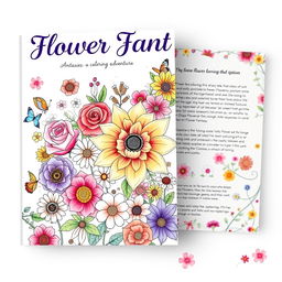 A beautiful and vibrant coloring book cover design featuring a variety of flowers such as roses, daisies, sunflowers, and lilies, arranged artistically on the front and back covers