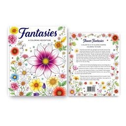 A beautiful and vibrant coloring book cover design featuring a variety of flowers such as roses, daisies, sunflowers, and lilies, arranged artistically on the front and back covers