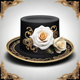 A high-resolution digital art image depicting a sophisticated homburg black hat adorned with intricate golden ornaments and a single, realistically rendered white rose