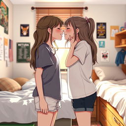 A realistic scene set in a cozy dorm room, featuring two tween girls facing each other, sharing a sweet kiss