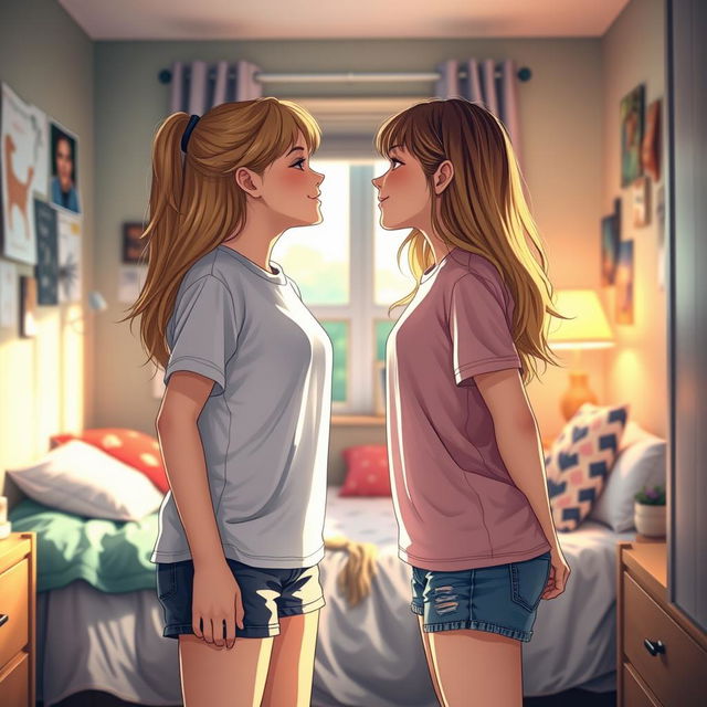 A realistic scene set in a cozy dorm room, featuring two tween girls facing each other, sharing a sweet kiss