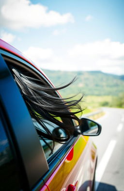 A scene depicting a car driving down a scenic road with a focus on the vehicle