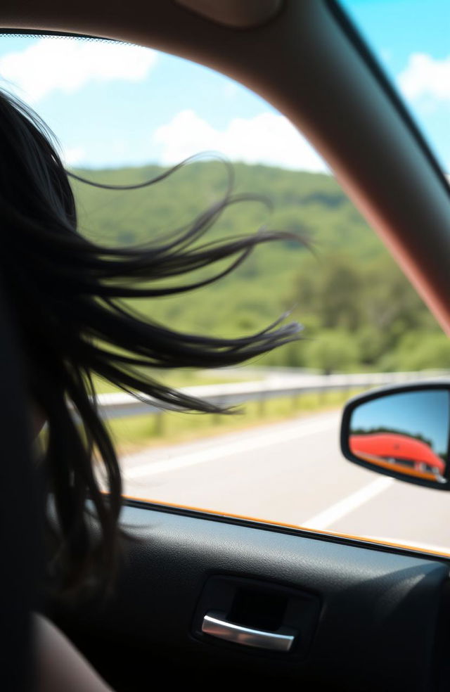 A scene depicting a car driving down a scenic road with a focus on the vehicle