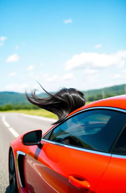 A scene depicting a car driving down a scenic road with a focus on the vehicle