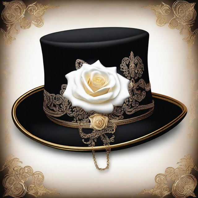 A high-resolution digital art image depicting a sophisticated homburg black hat adorned with intricate golden ornaments and a single, realistically rendered white rose