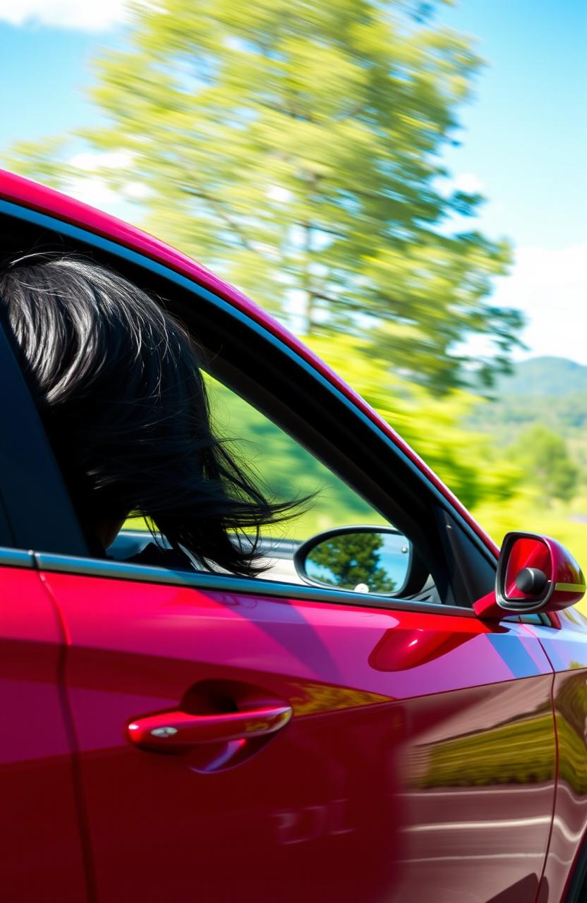 A scene depicting a car driving down a scenic road with a focus on the vehicle