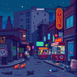 A vibrant pixel art representation of a ghetto street scene