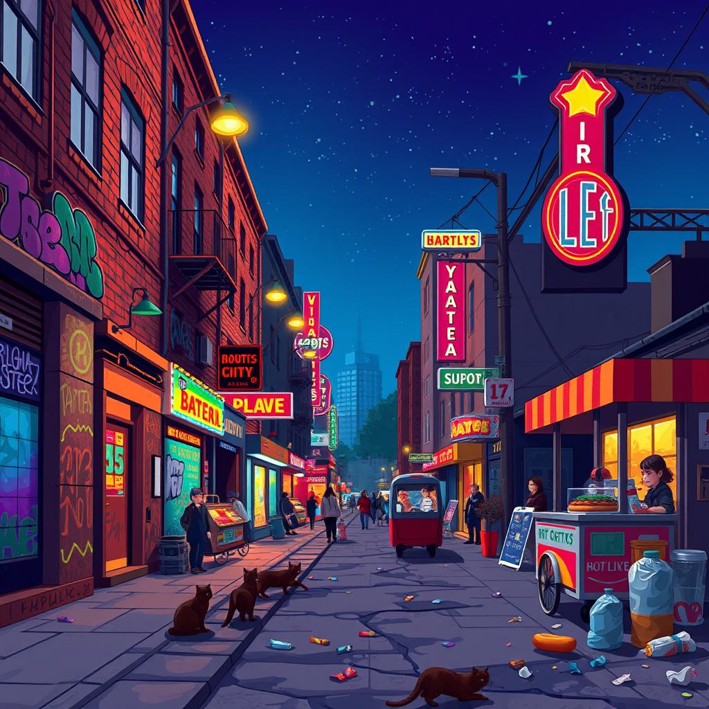 A vibrant pixel art representation of a ghetto street scene