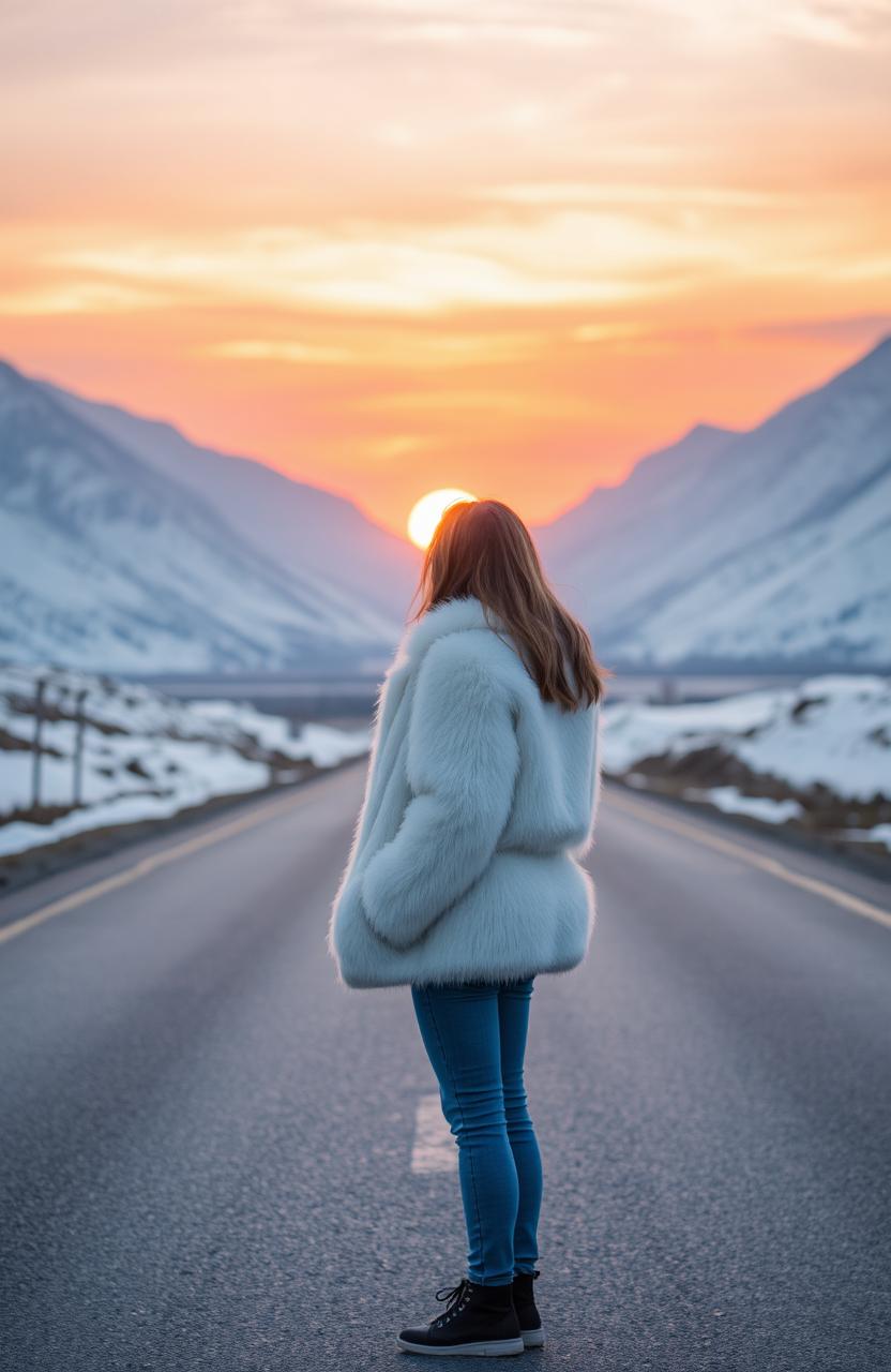 A 20-year-old girl stands on a straight road in Kashmir, surrounded by breathtaking snow-covered mountains