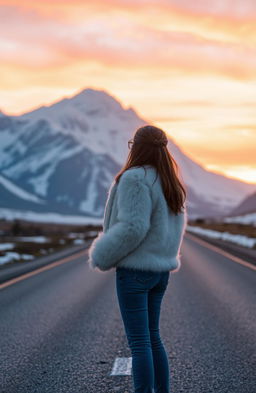 A 20-year-old girl stands on a straight road in Kashmir, surrounded by breathtaking snow-covered mountains