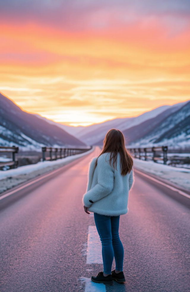 A 20-year-old girl stands on a straight road in Kashmir, surrounded by breathtaking snow-covered mountains