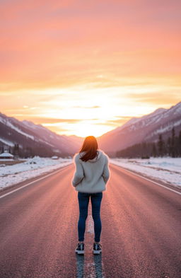 A 20-year-old girl stands on a straight road in Kashmir, surrounded by breathtaking snow-covered mountains
